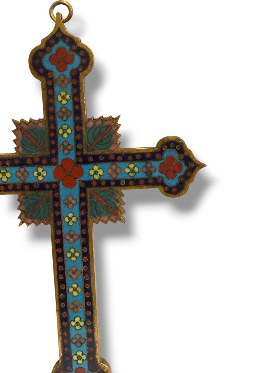 Cross Crucifix In Cloisonné Enamel Canton 19th Century-photo-4