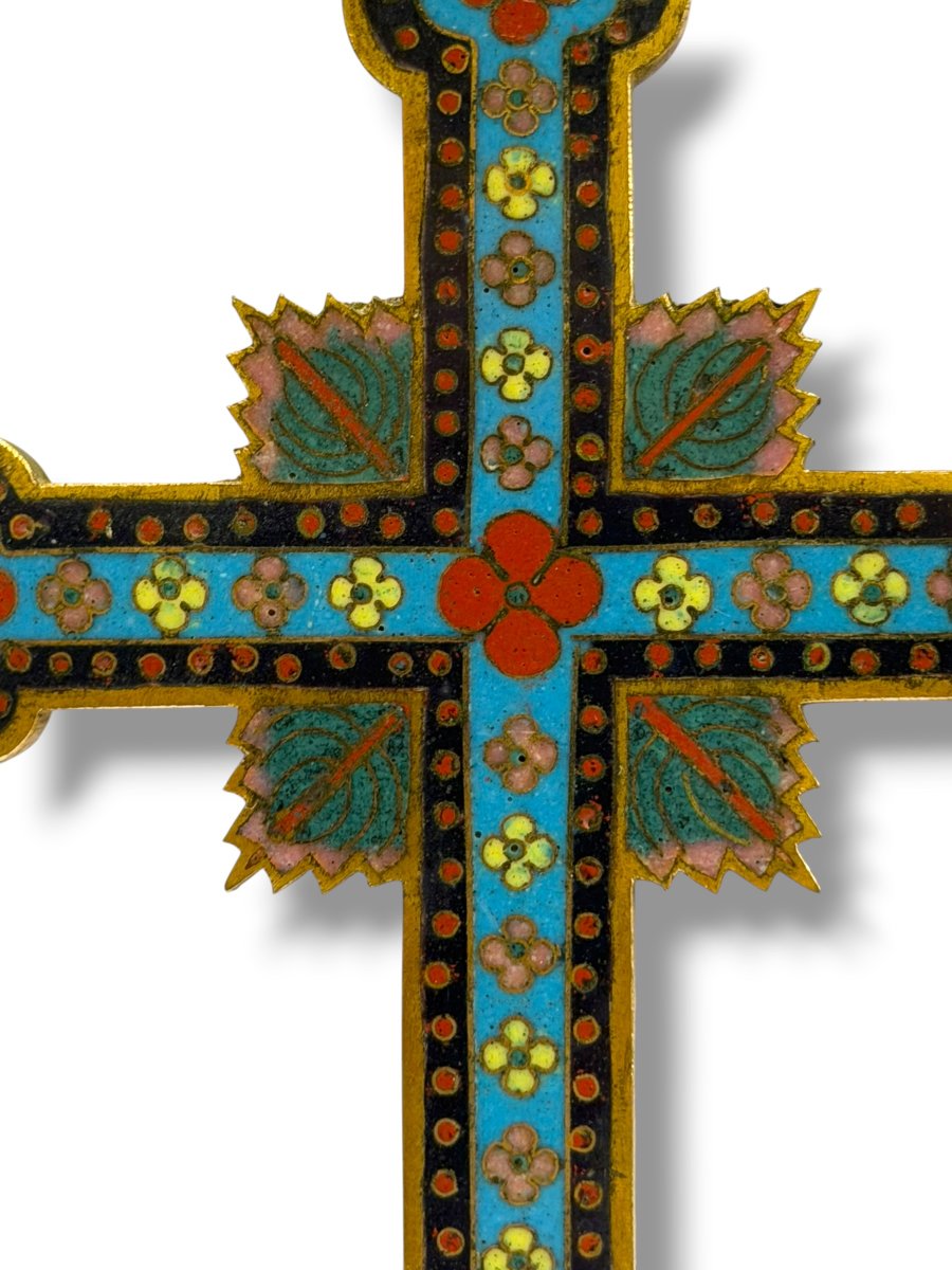 Cross Crucifix In Cloisonné Enamel Canton 19th Century-photo-1