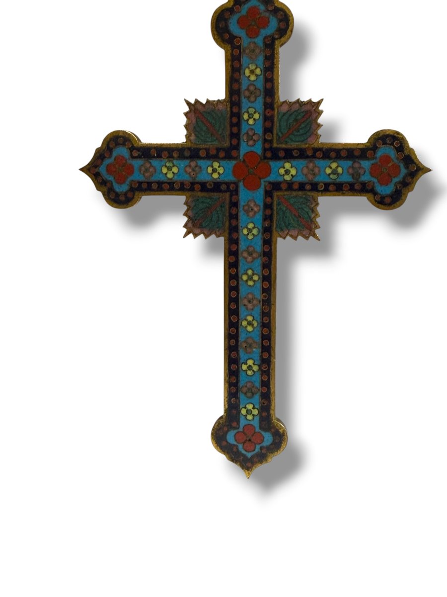 Cross Crucifix In Cloisonné Enamel Canton 19th Century-photo-2