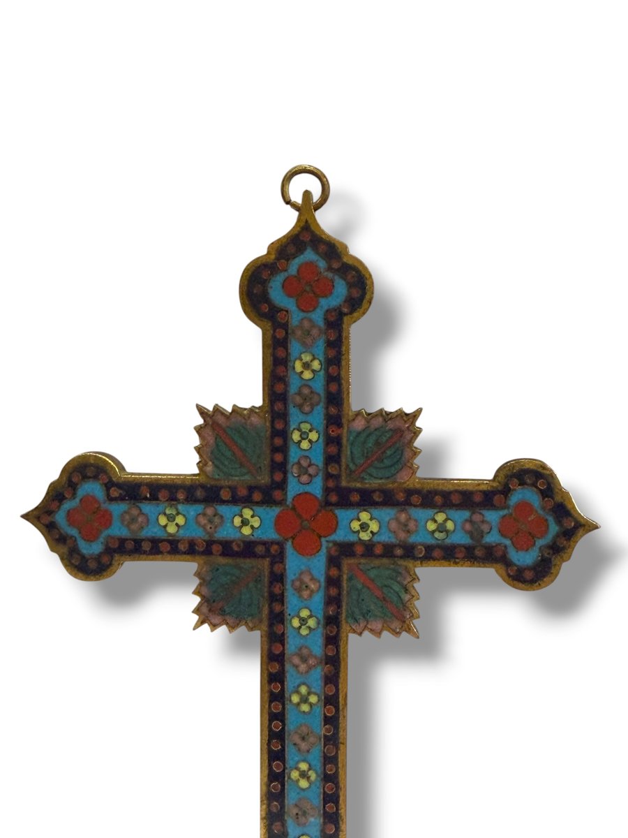 Cross Crucifix In Cloisonné Enamel Canton 19th Century-photo-3
