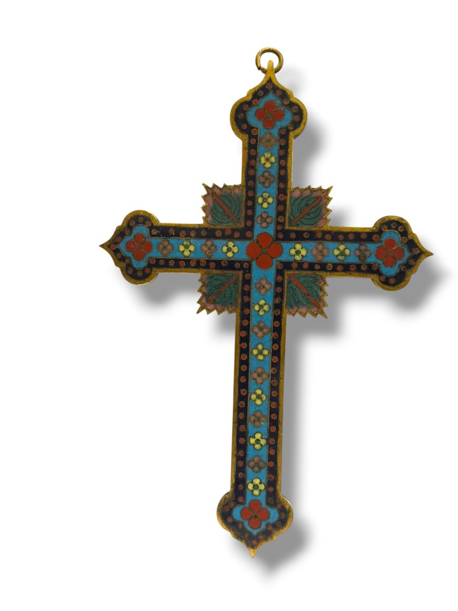 Cross Crucifix In Cloisonné Enamel Canton 19th Century-photo-4