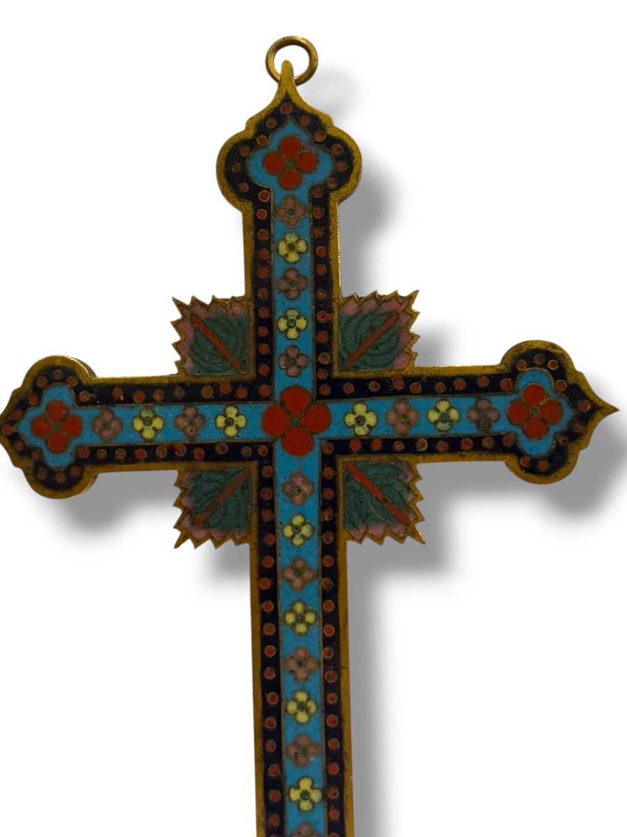 Cross Crucifix In Cloisonné Enamel Canton 19th Century-photo-7