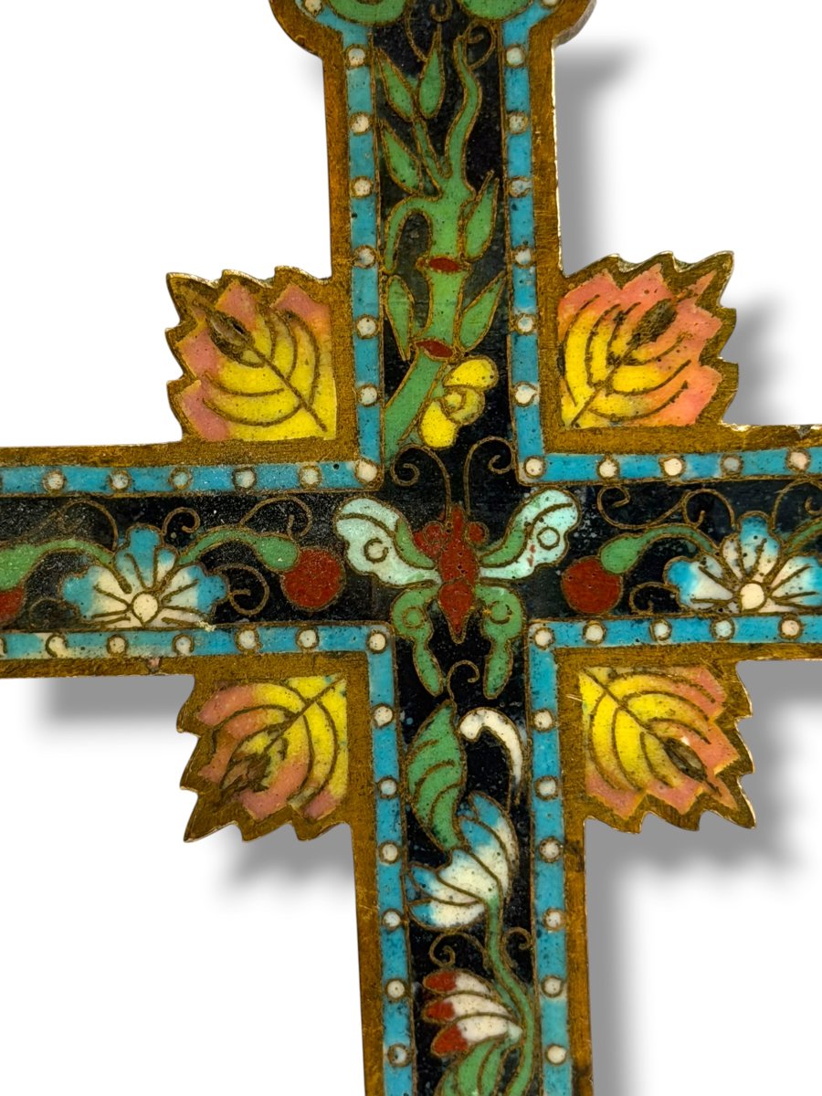 Cross Crucifix In Butterfly Cloisonné Enamel Canton 19th Century-photo-2