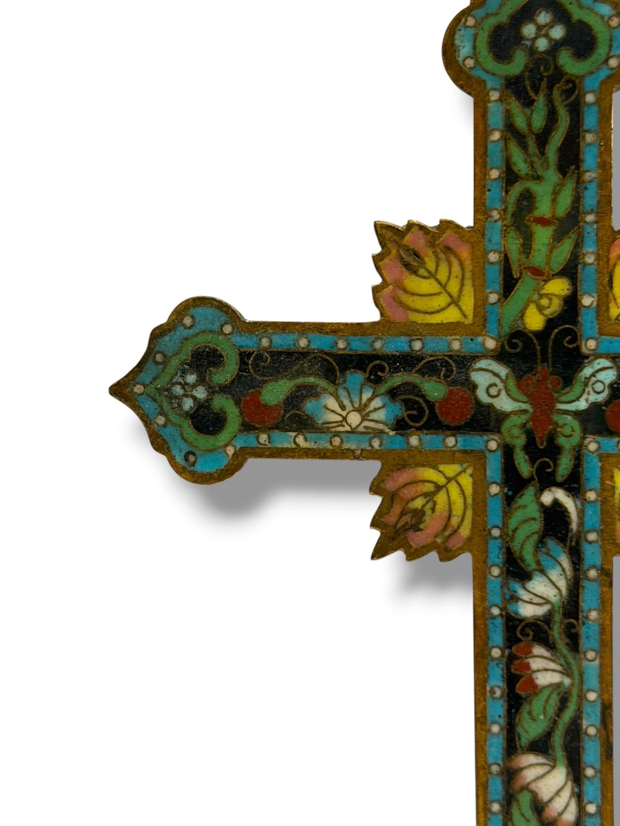 Cross Crucifix In Butterfly Cloisonné Enamel Canton 19th Century-photo-3