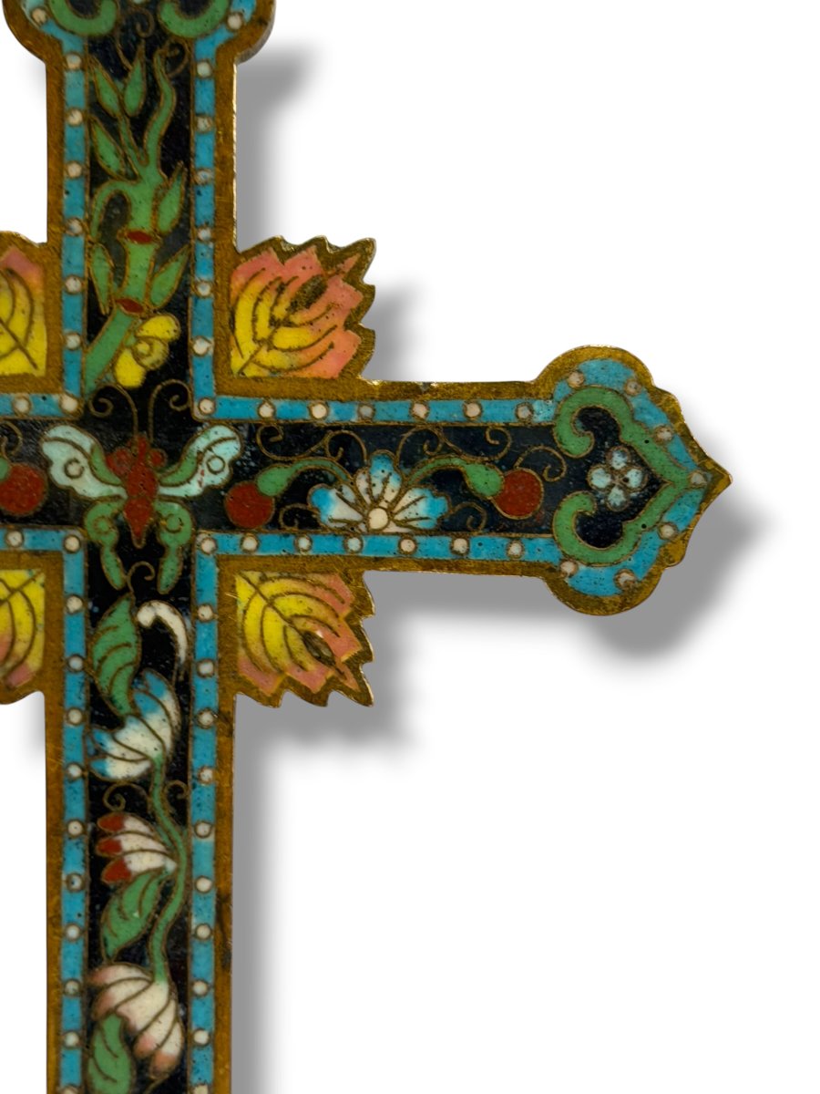 Cross Crucifix In Butterfly Cloisonné Enamel Canton 19th Century-photo-4