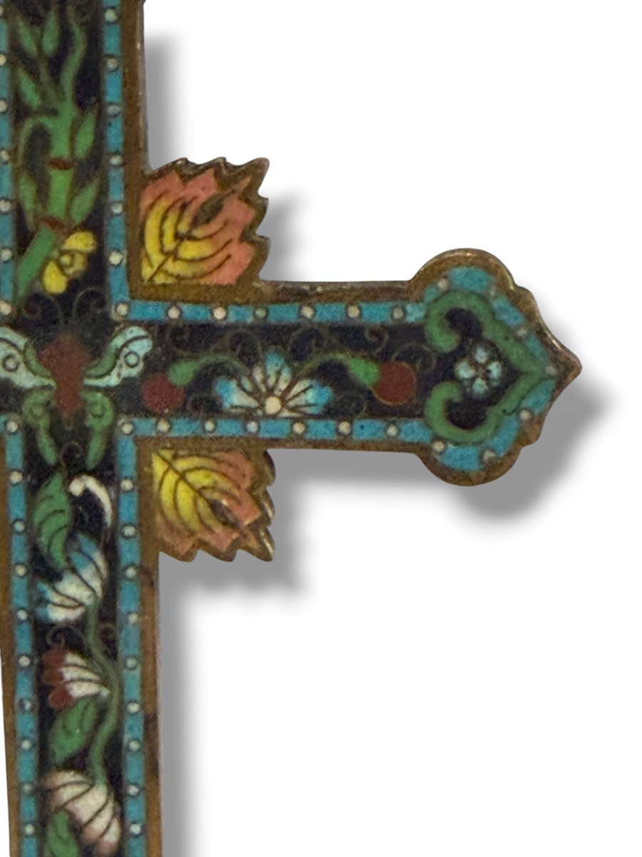 Cross Crucifix In Butterfly Cloisonné Enamel Canton 19th Century-photo-3