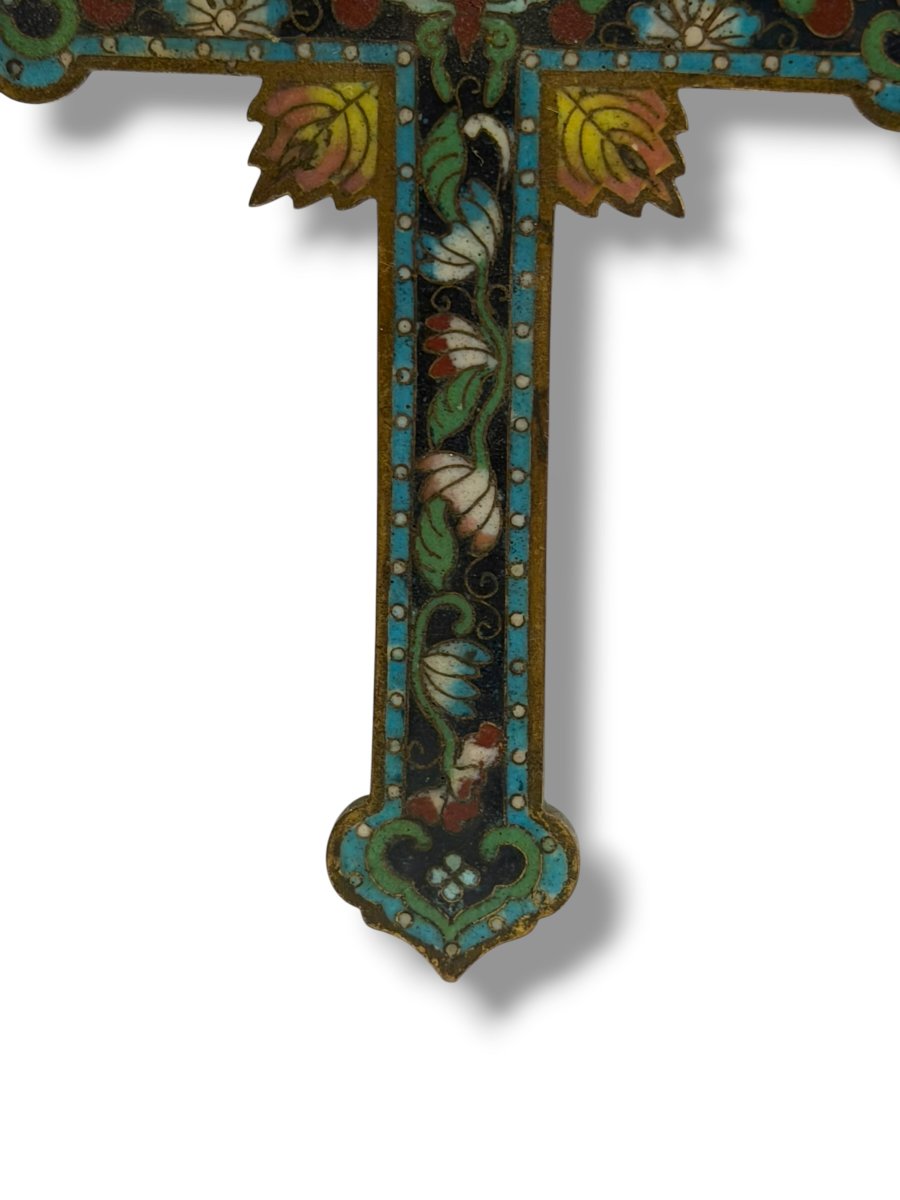 Cross Crucifix In Butterfly Cloisonné Enamel Canton 19th Century-photo-4