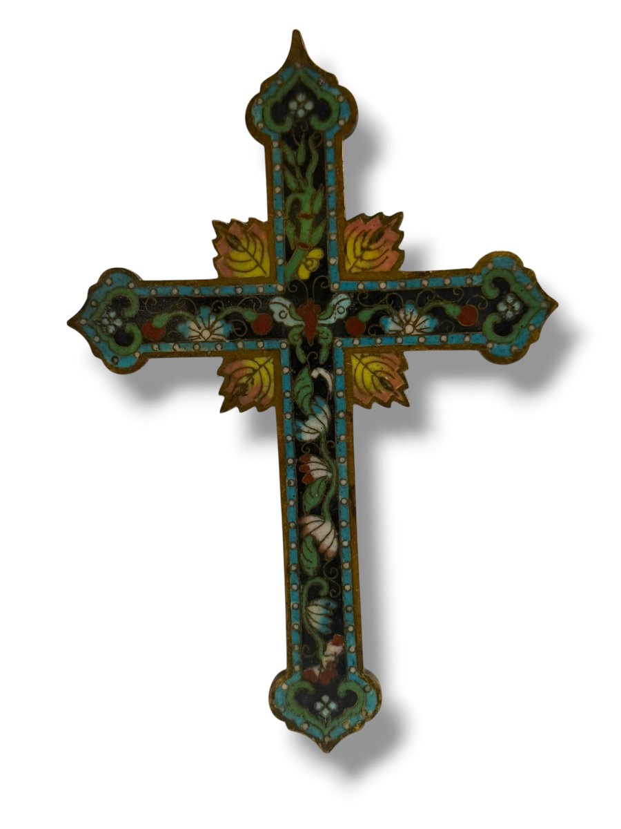 Cross Crucifix In Butterfly Cloisonné Enamel Canton 19th Century-photo-5