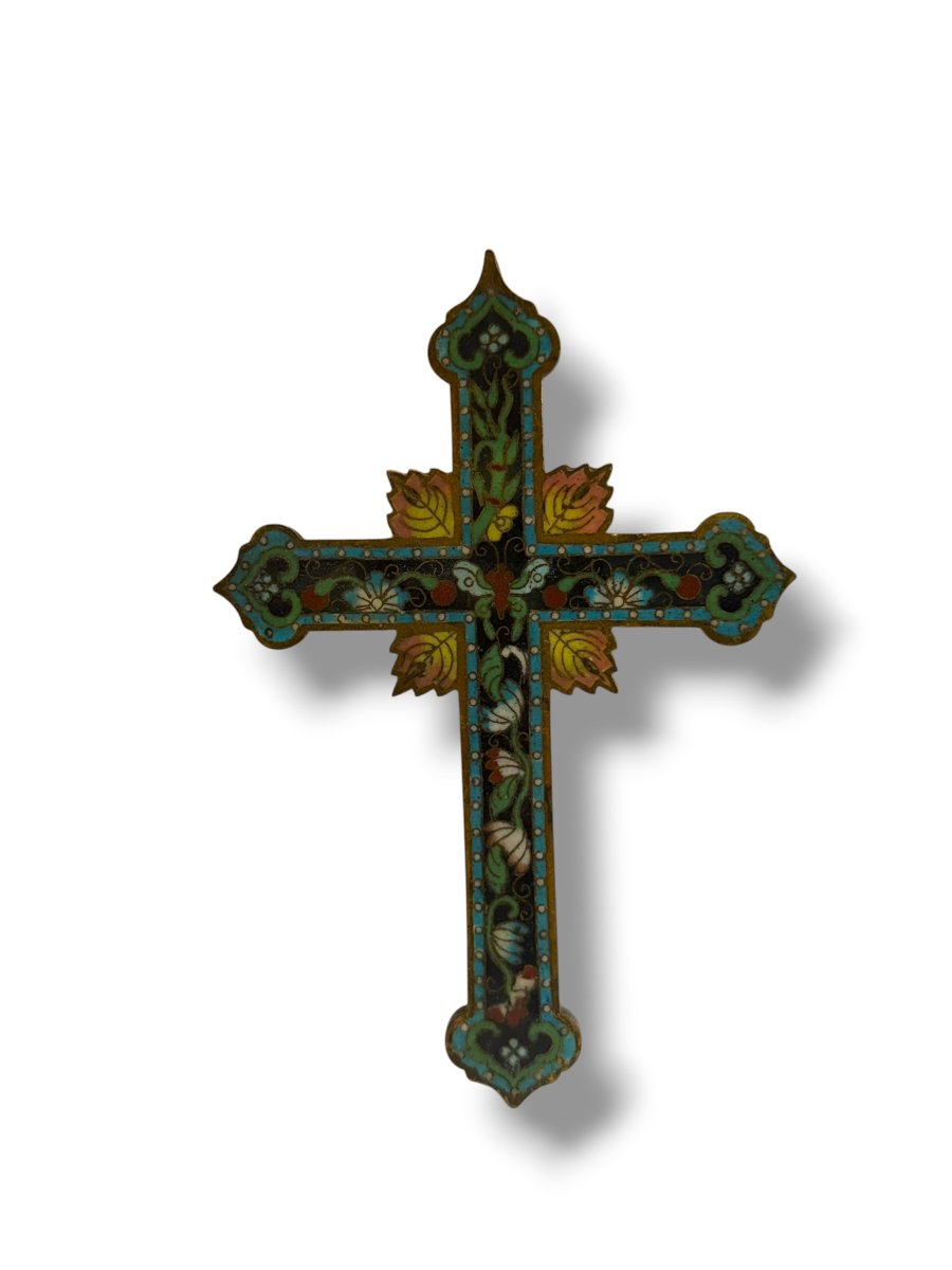 Cross Crucifix In Butterfly Cloisonné Enamel Canton 19th Century-photo-7