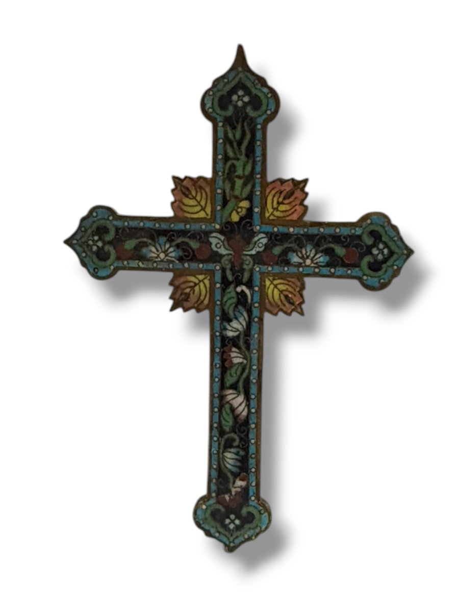 Cross Crucifix In Butterfly Cloisonné Enamel Canton 19th Century-photo-8