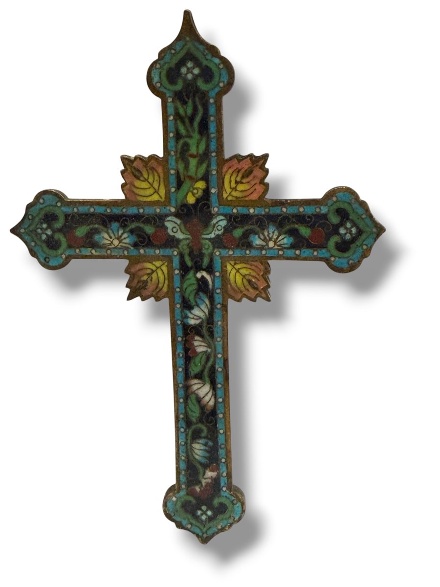 Cross Crucifix In Butterfly Cloisonné Enamel Canton 19th Century