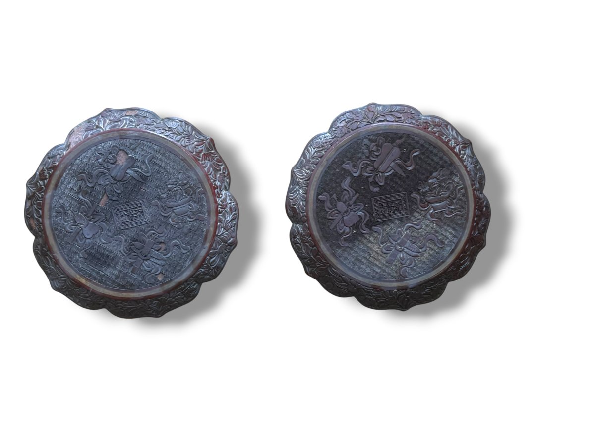 Pair Of Cinnabar Lacquer Floriform Dishes Qianlong Seal-photo-4