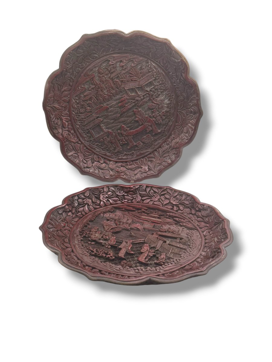 Pair Of Cinnabar Lacquer Floriform Dishes Qianlong Seal-photo-5