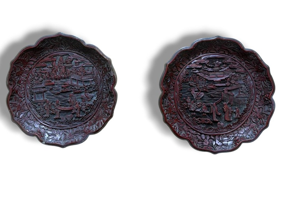 Pair Of Cinnabar Lacquer Floriform Dishes Qianlong Seal