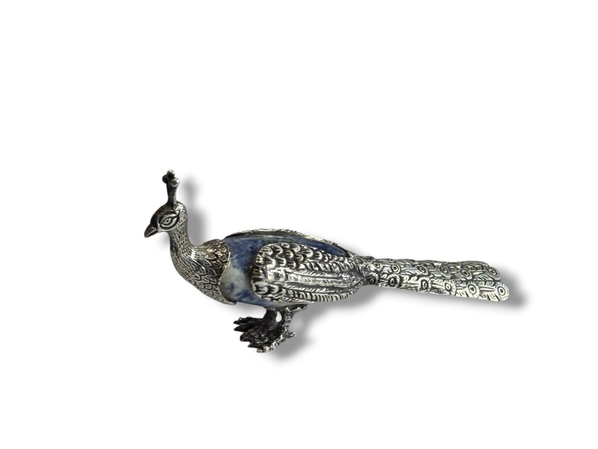 Paon en argent  massif et lapis lazuli -photo-3