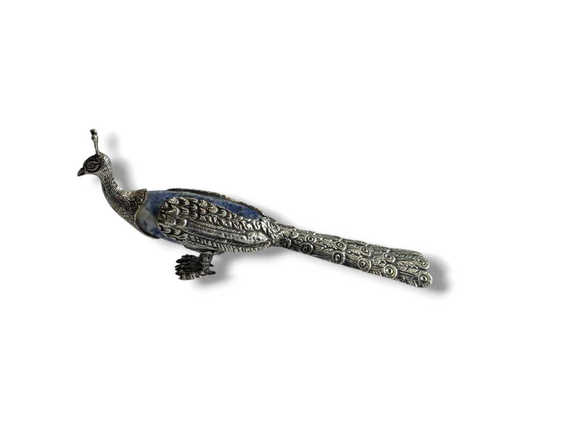 Paon en argent  massif et lapis lazuli 