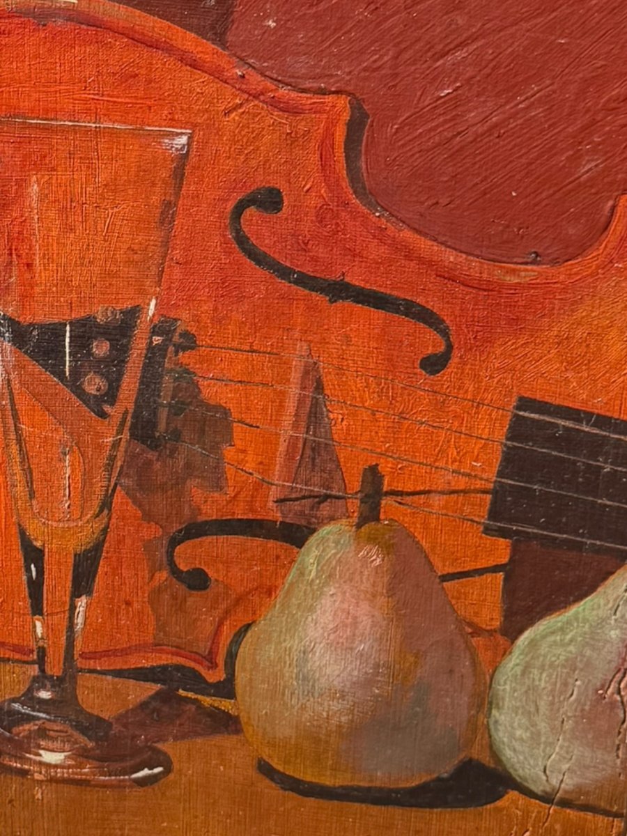 Still Life With A Violin, Oil On Panel, Signed Clément-photo-2