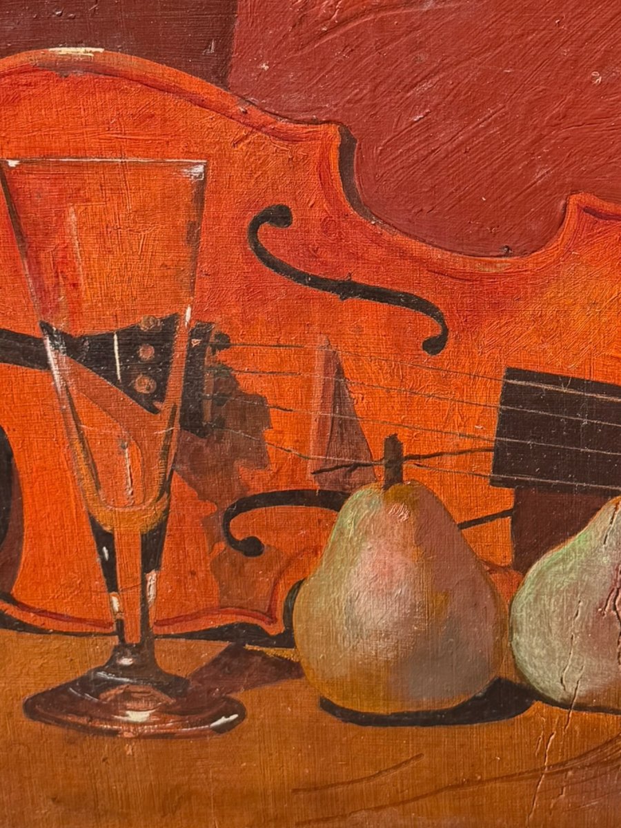 Still Life With A Violin, Oil On Panel, Signed Clément-photo-3