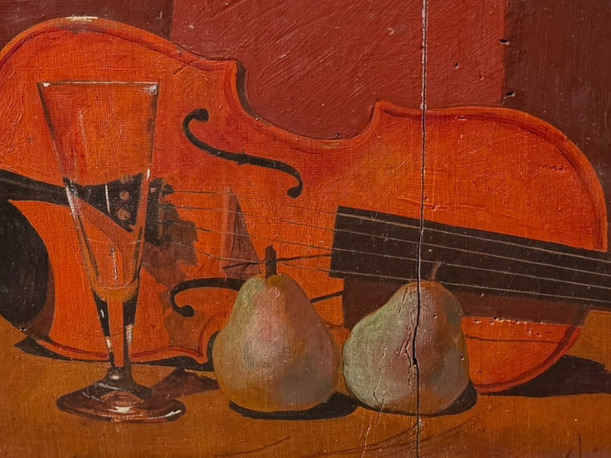 Still Life With A Violin, Oil On Panel, Signed Clément-photo-1