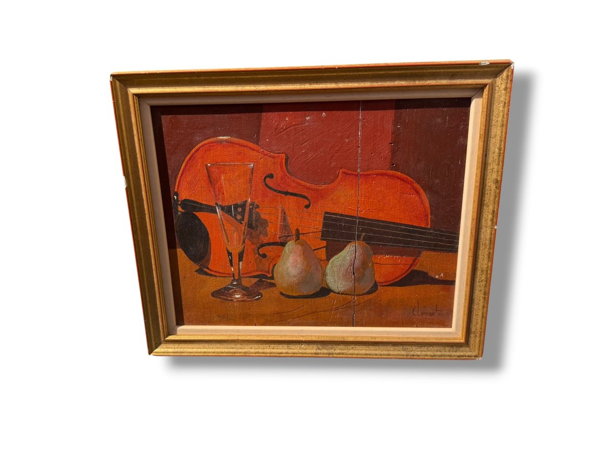 Still Life With A Violin, Oil On Panel, Signed Clément-photo-3