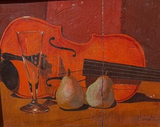 Still Life With A Violin, Oil On Panel, Signed Clément