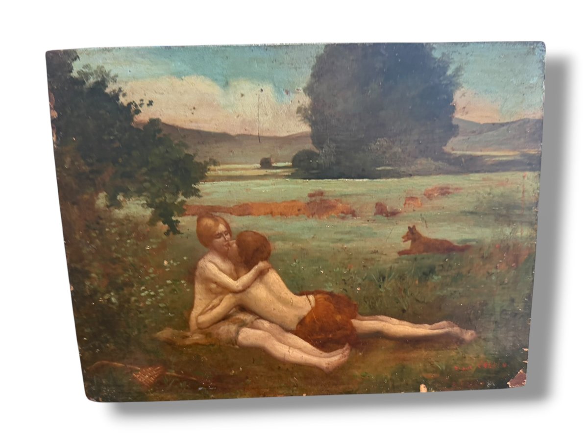 Lovers: Shepherd And Shepherdess, Oil On Panel, 19th Century, By Caillé After Collin-photo-2