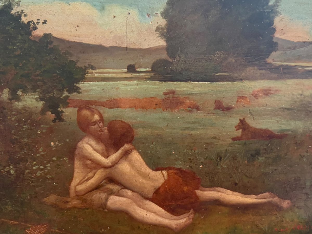 Lovers: Shepherd And Shepherdess, Oil On Panel, 19th Century, By Caillé After Collin-photo-4