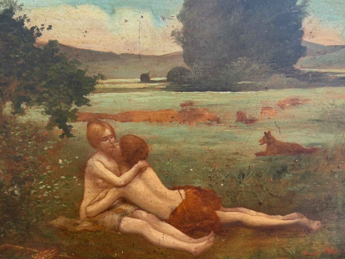 Lovers: Shepherd And Shepherdess, Oil On Panel, 19th Century, By Caillé After Collin