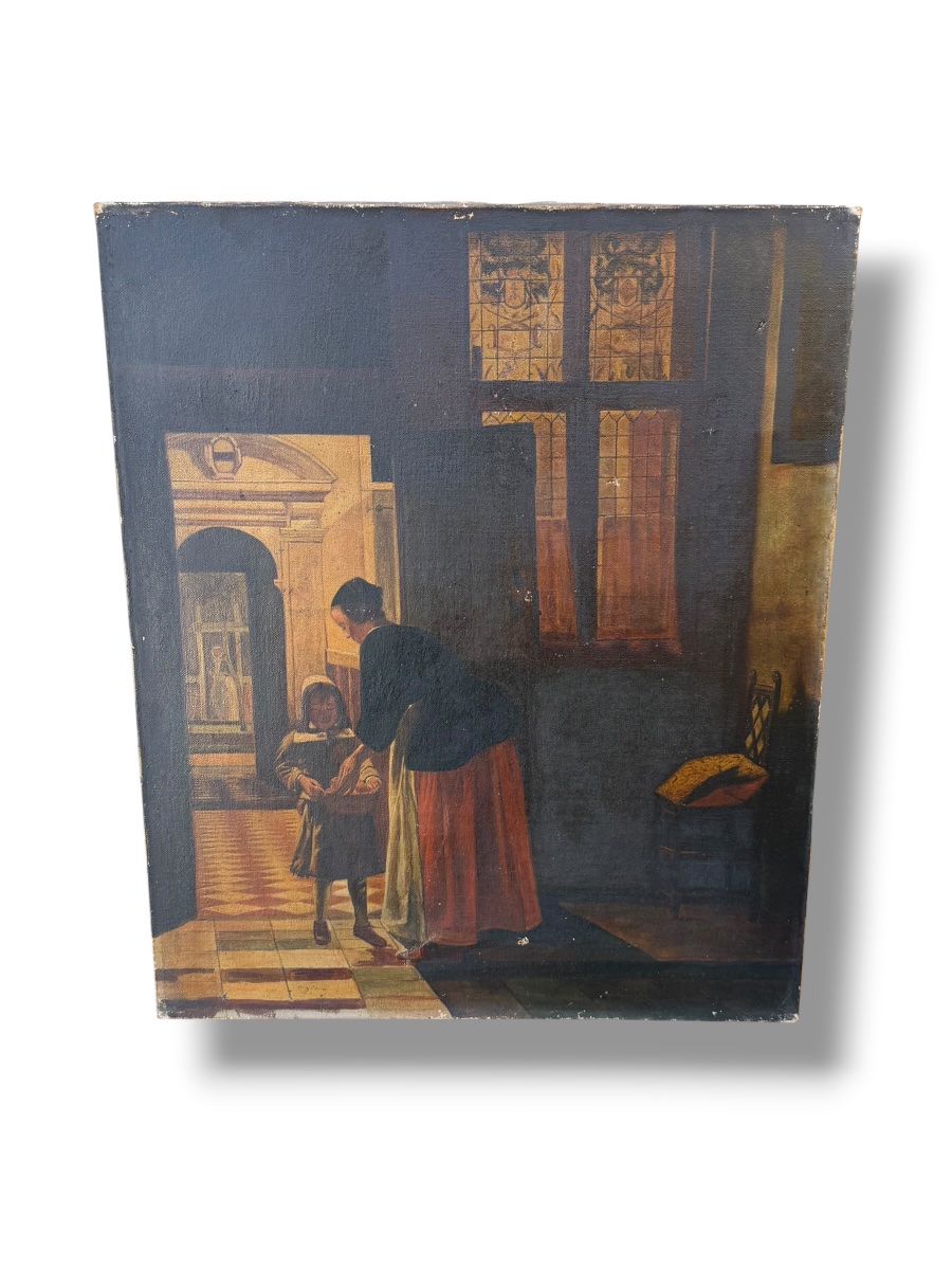 Scène d’intérieur huile sur toile XIXeme-photo-8