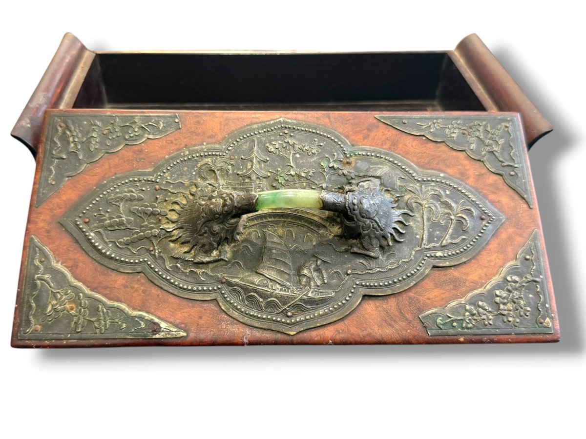 Chinese Wooden Box With Jade Dragon Design-photo-3