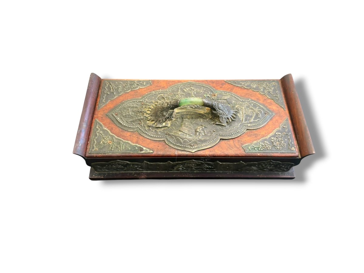 Chinese Wooden Box With Jade Dragon Design