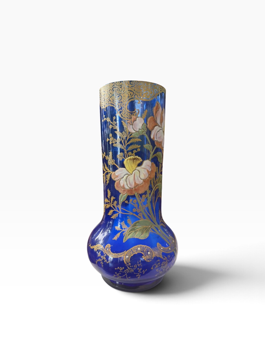 Legras Montjoye Large Enameled Vase With Blue Base