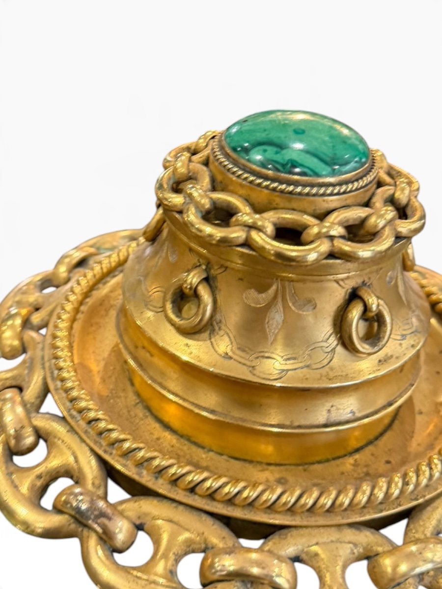 Important encrier victorien bronze malachite -photo-3