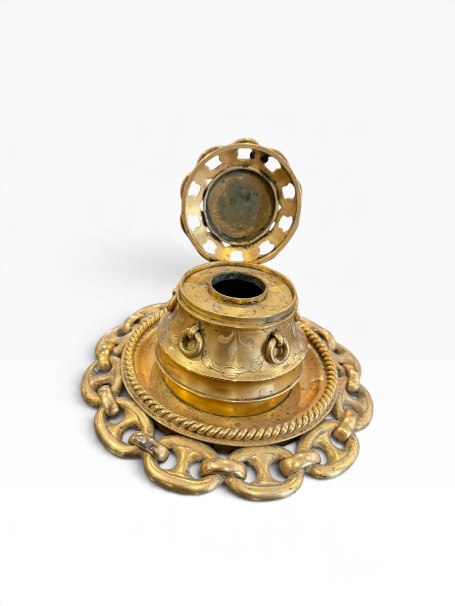 Important encrier victorien bronze malachite -photo-2