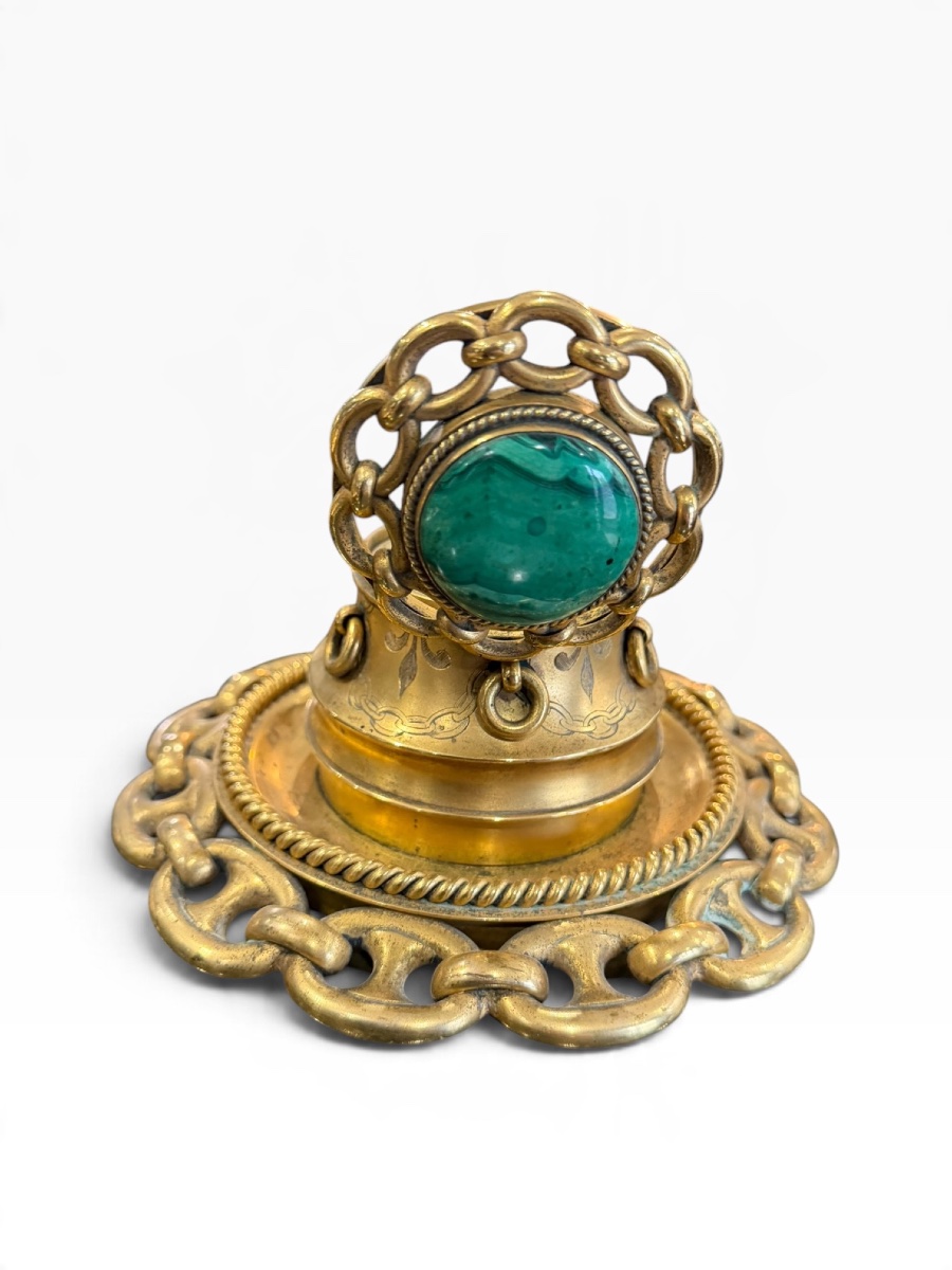 Important encrier victorien bronze malachite -photo-5