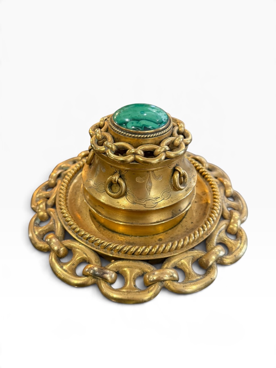 Important encrier victorien bronze malachite 