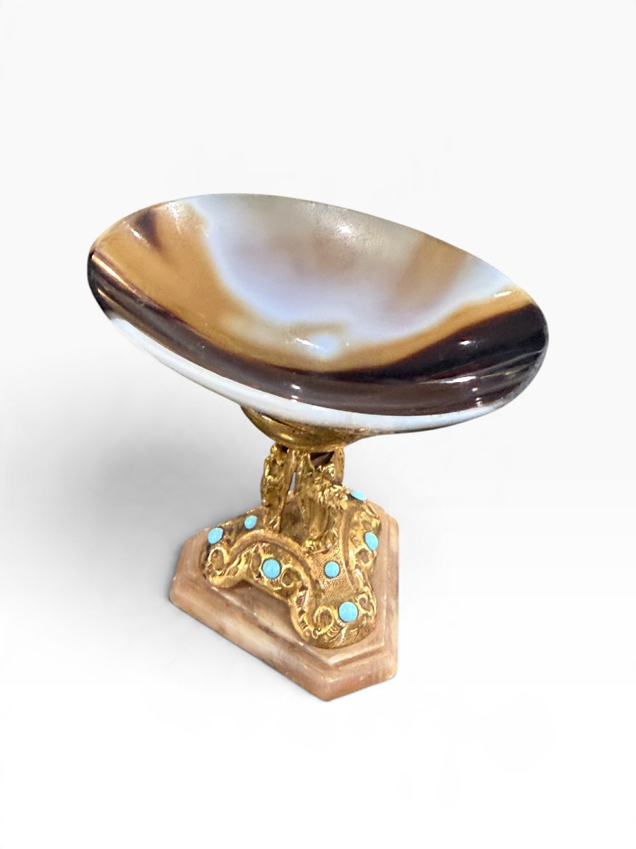 Coupe en agate sur pied bronze et turquoise -photo-4