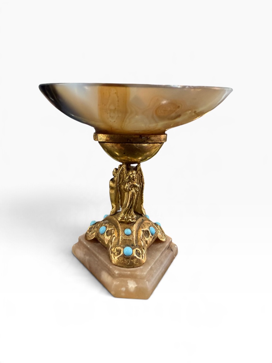 Coupe en agate sur pied bronze et turquoise -photo-1