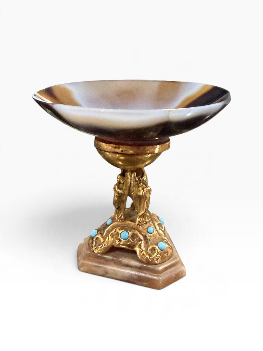 Coupe en agate sur pied bronze et turquoise -photo-3