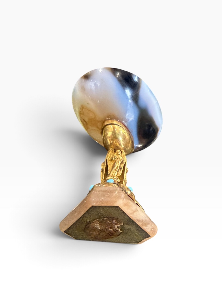 Coupe en agate sur pied bronze et turquoise -photo-5