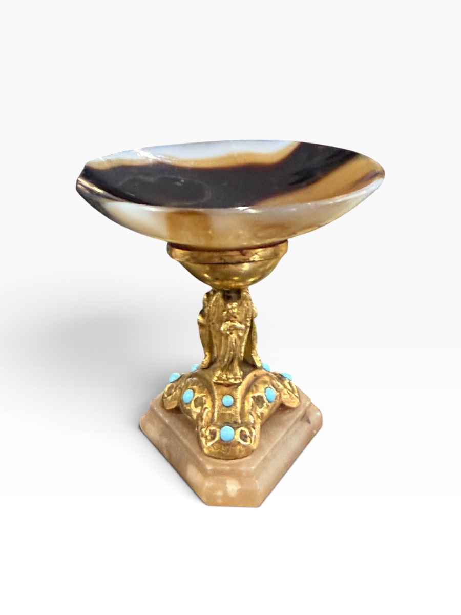 Coupe en agate sur pied bronze et turquoise 