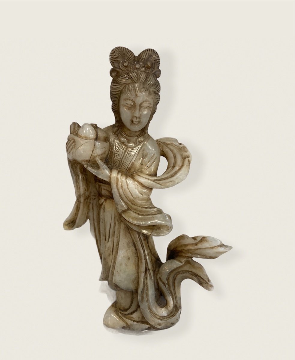 Important Sujet Chinois Guanyin En Jade Nephrite Blanc -photo-2