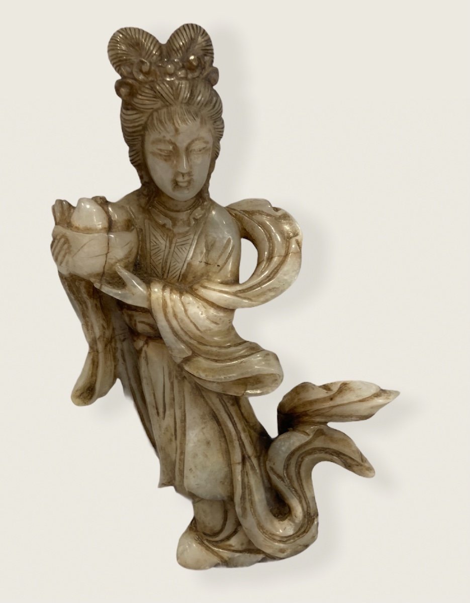 Important Sujet Chinois Guanyin En Jade Nephrite Blanc -photo-2