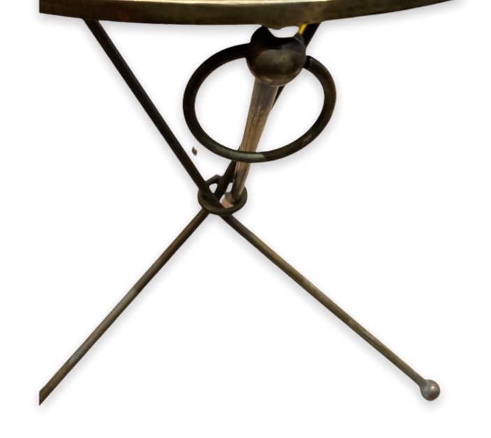 Jacques ADNET- table ronde moderniste tripode en bronze et verre années 1950-photo-4