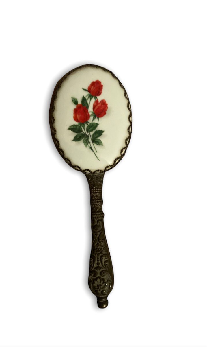 Miroir à Main En Porcelaine Et Métal à Motif De Rose