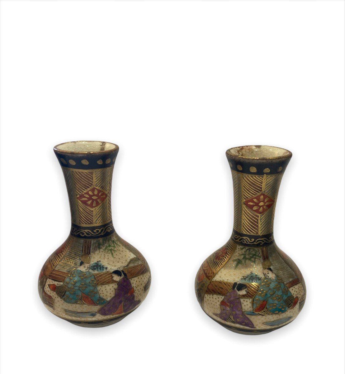 Satsuma - Pair Of Miniature Baluster Vases Meiji Period Circa 1900-photo-8