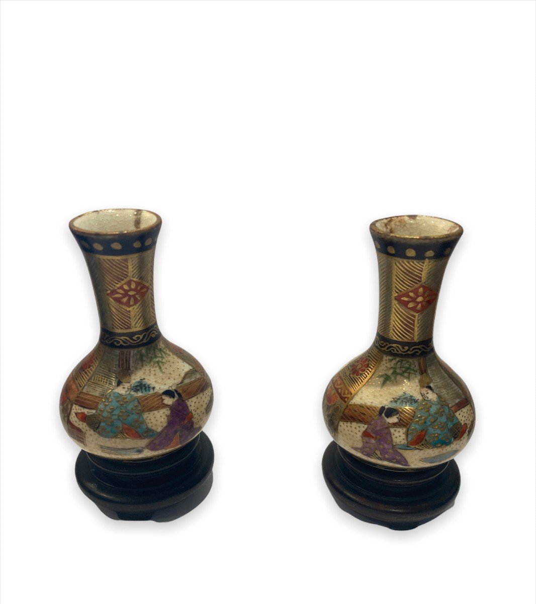 Satsuma - Pair Of Miniature Baluster Vases Meiji Period Circa 1900