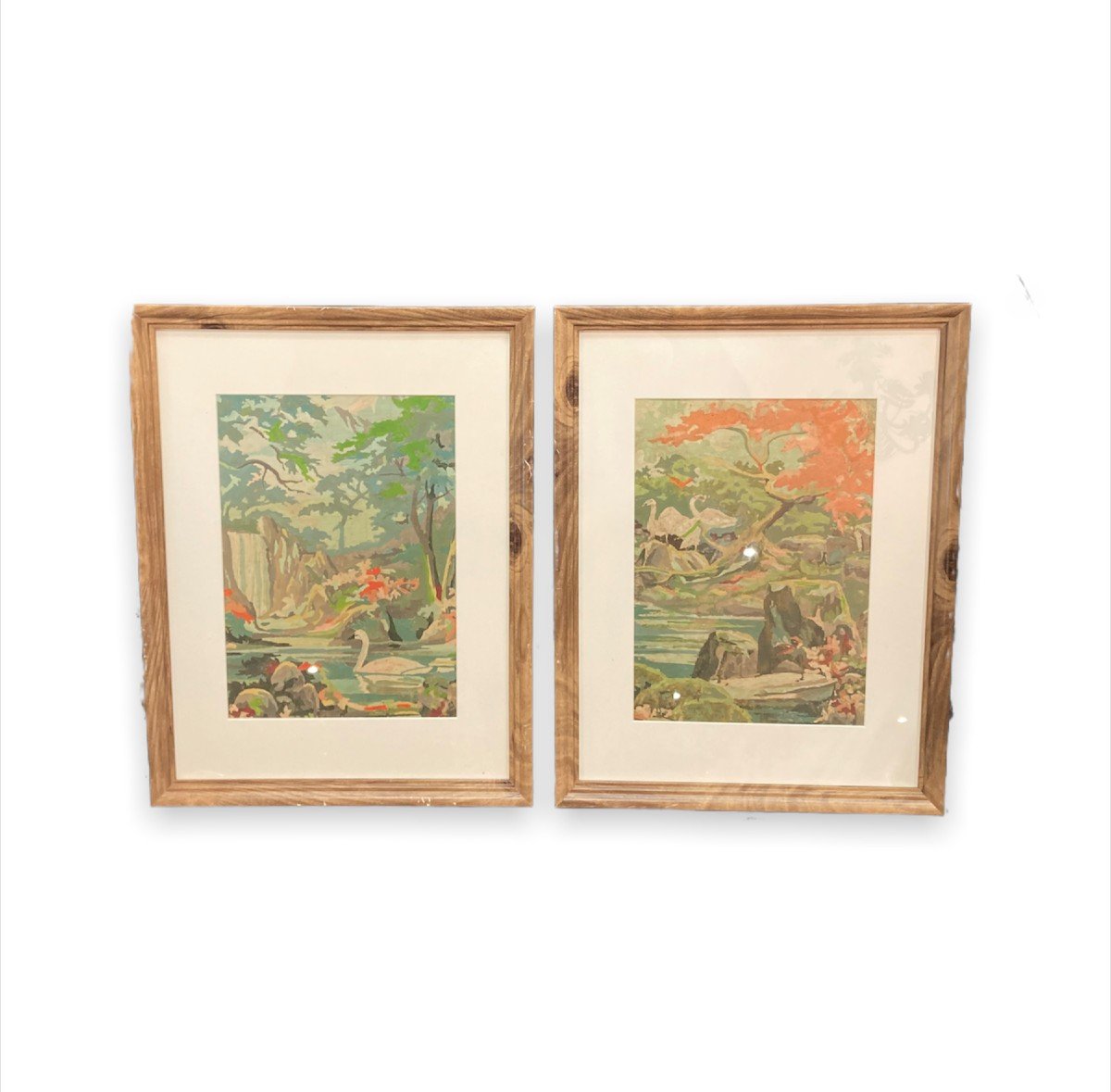 Pair Of Study Cards For The Decor Of "lac Des Cygnes" - Signed Kopanievesky