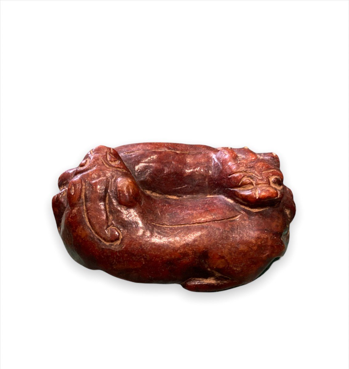 "Chiens de Fô enlacés" sujet en pierre dure Chine circa 1920-photo-5