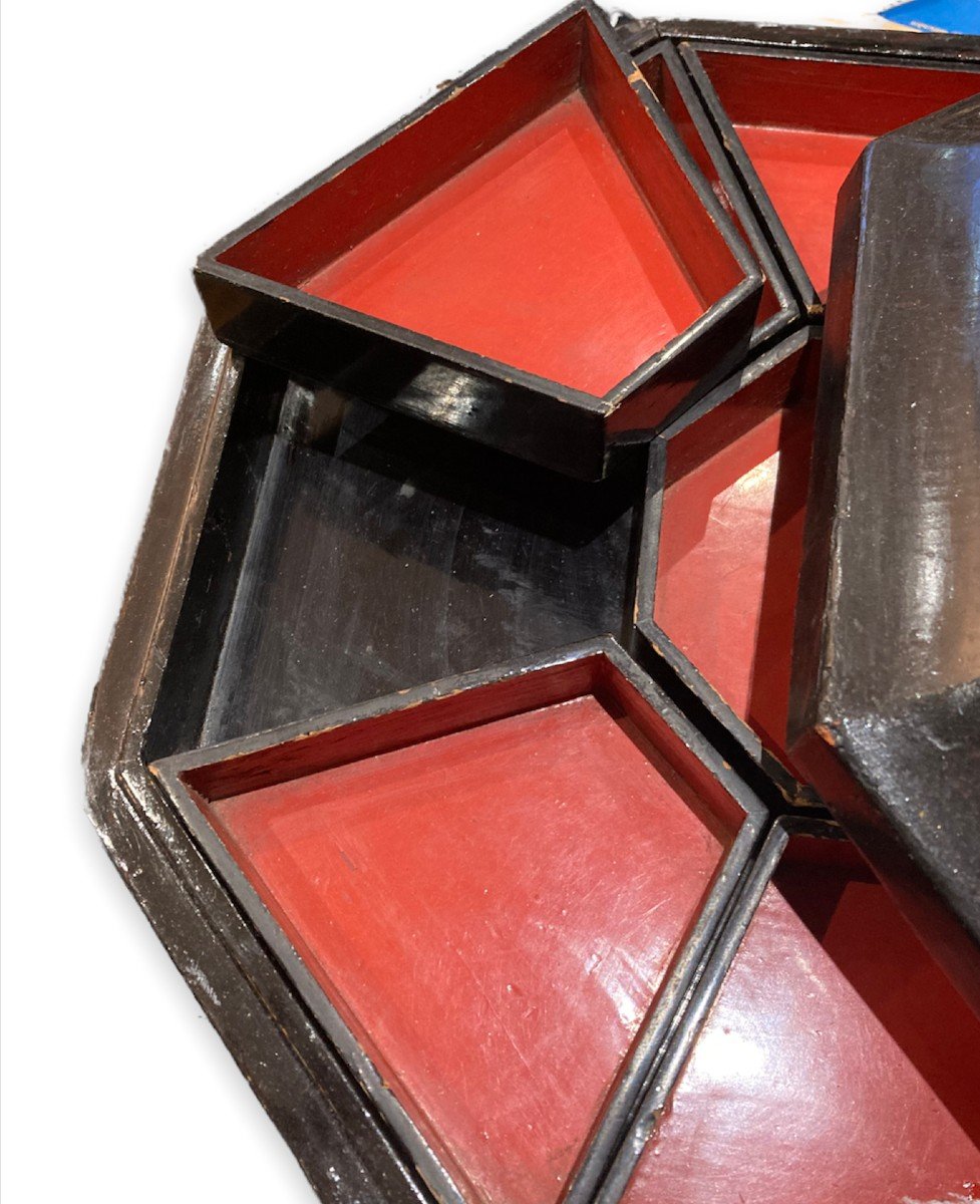 Octagonal Chinese Tea Box With Compartments In Black Lacquered Wood-photo-5